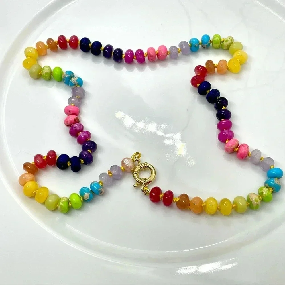 Rainbow Hand Knotted Beaded Necklace 22” Gemstones Silk Gold Plated 925 Silver - Picture 7 of 7